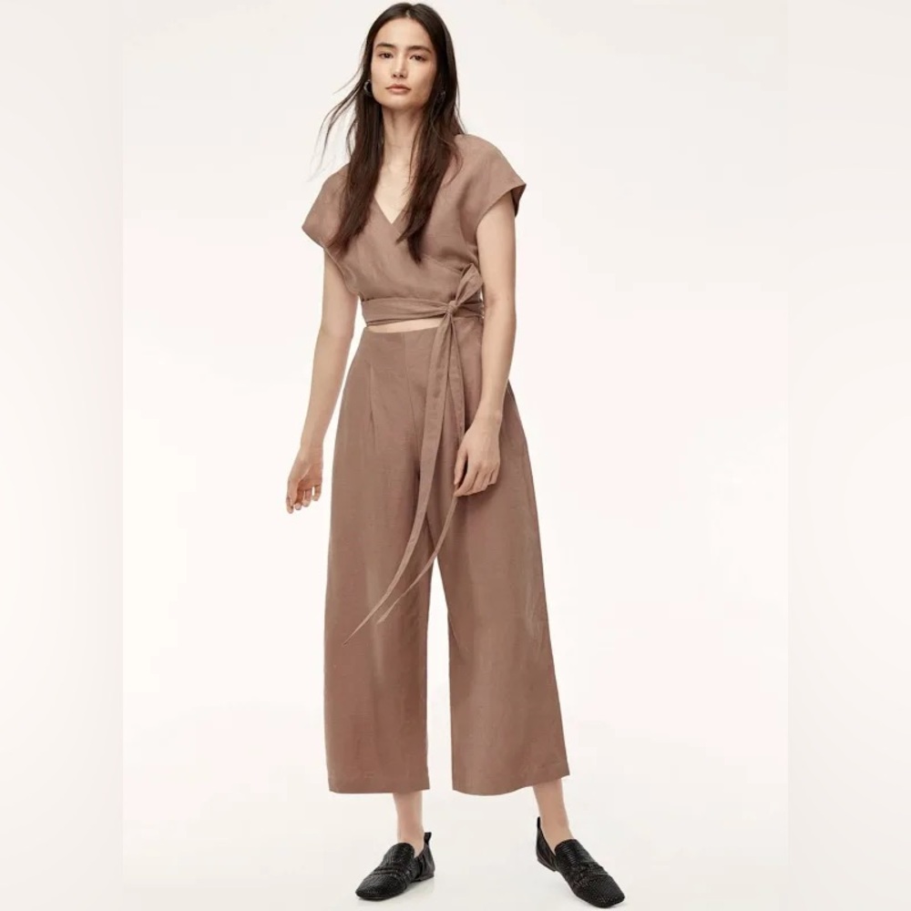 Aritzia Wilfred Brax Linen Blend Jumpsuit Size 2 Nutmeg Cut Out Wide Leg